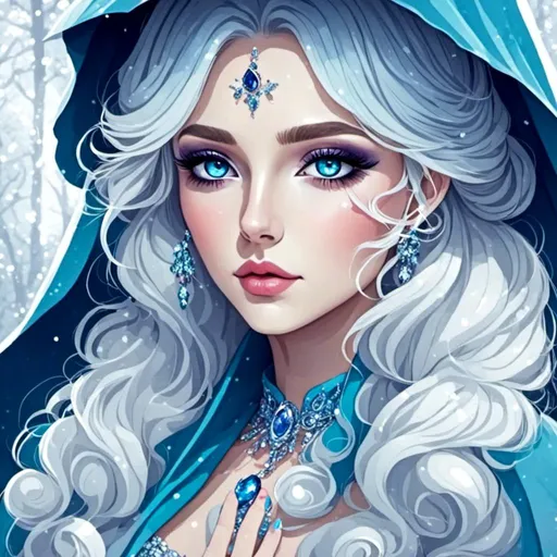 Prompt: <mymodel>A beautiful woman, snow white hair with pastel highlights, frosty blue eyes, blue eyeshadow, blue jewels on forehead