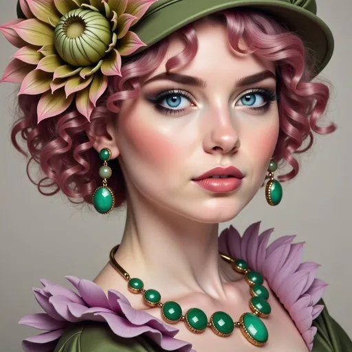 Prompt: a woman wearing a green hat and green jewelry with a flower on her head and a green dress and necklace, Artgerm, fantasy art, highly detailed digital painting, a detailed painting