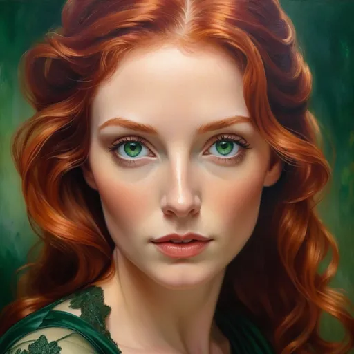 Prompt: High-resolution oil painting of a stunning woman, flowing red hair, captivating green eyes, elegant evening gown, intricate lace details, graceful posture, soft and ethereal lighting, vibrant and rich color tones, classic and timeless, detailed portrait, oil painting, elegant, captivating gaze, flowing hair, intricate details, high quality, rich colors, soft lighting