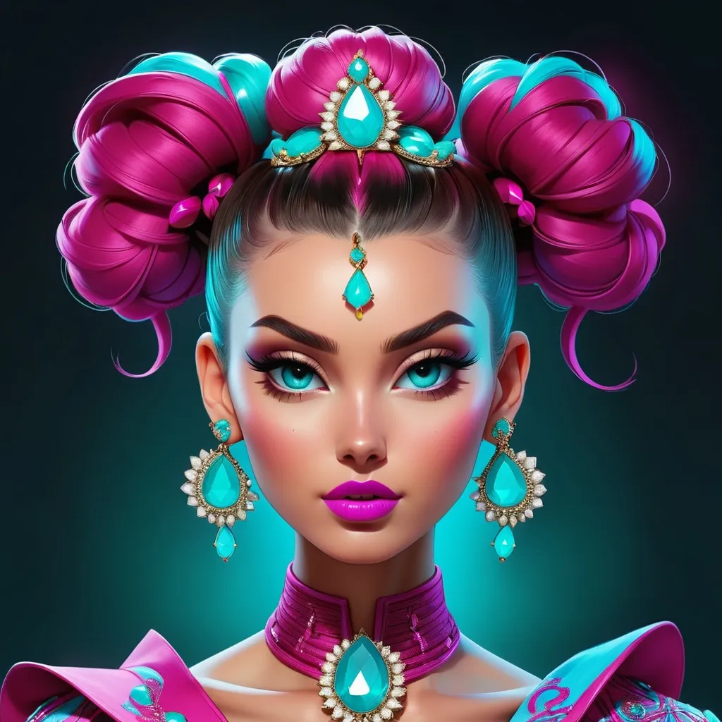 Prompt: An extremely gorgeous woman,  with top knots full of cyan jewels, in color scheme of cyan and magenta