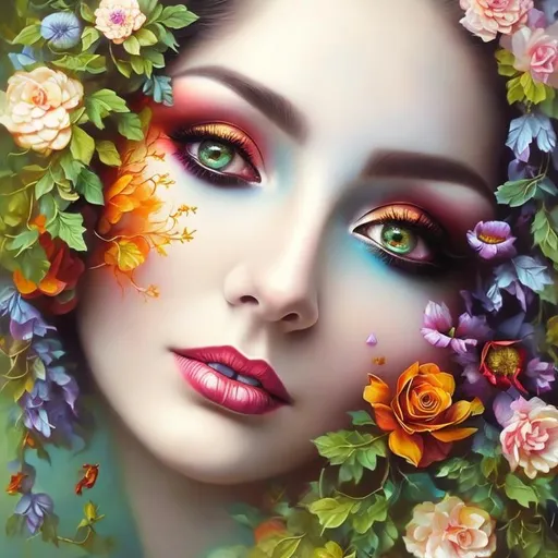 Prompt: Beautiful  hybrid woman with flowers sprouting from her, oil painting, detailed fiery eyes, ethereal glow, dark and mysterious, high quality, vibrant colors, surreal, haunting, intricate floral details, intense gaze, mystical atmosphere, oil painting, demon, hybrid, fiery eyes, ethereal, vibrant colors, surreal, haunting, floral details, intense gaze, mystical atmosphere