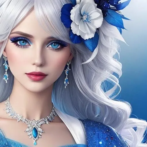 Prompt: A beautiful woman, white hair, blue eyes, blue eyeshadow, blue jewels o