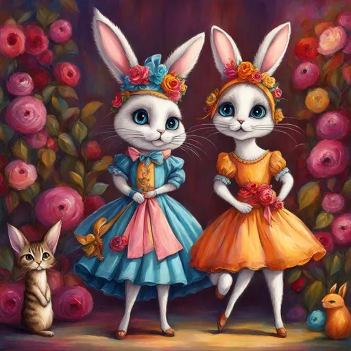 Prompt: <mymodel>Funny illustration of a anthropomorphic rabbit and cat in beautiful dresses , Tim Burton style eyes, bright and colorful, whimsical bright colorful background, comical expressions, high quality, detailed fur, playful, cartoonish, vibrant colors, imaginative lighting