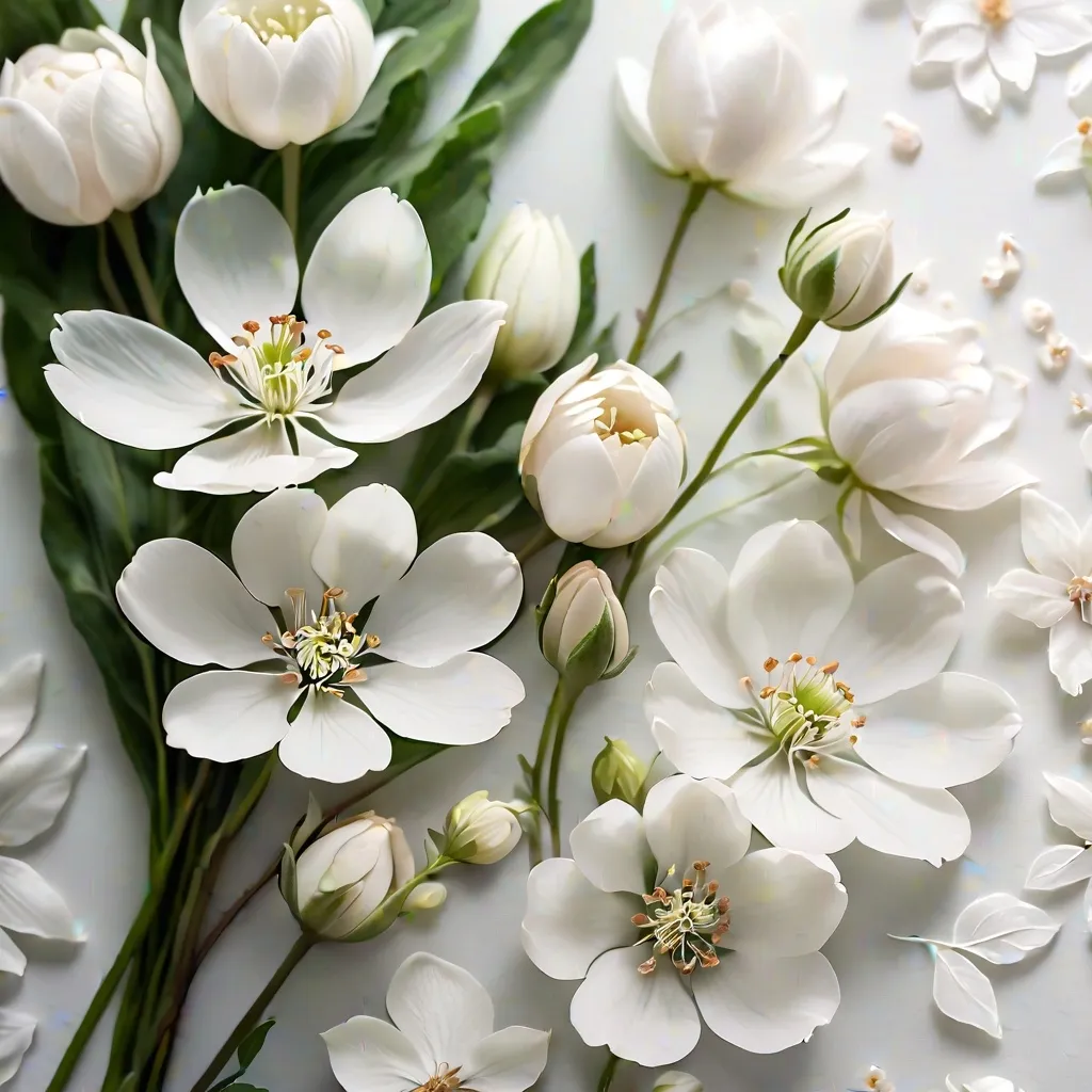 Prompt: (white on white flowers), delicate blooms, intricate petal details, soft textures, ethereal ambiance, muted color tones, serene and tranquil atmosphere, gentle shadows, lush greenery subtly blended, dreamy and airy background, minimalistic composition, high definition, ultra-detailed, peaceful floral arrangement.