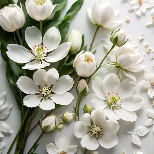 Prompt: (white on white flowers), delicate blooms, intricate petal details, soft textures, ethereal ambiance, muted color tones, serene and tranquil atmosphere, gentle shadows, lush greenery subtly blended, dreamy and airy background, minimalistic composition, high definition, ultra-detailed, peaceful floral arrangement.