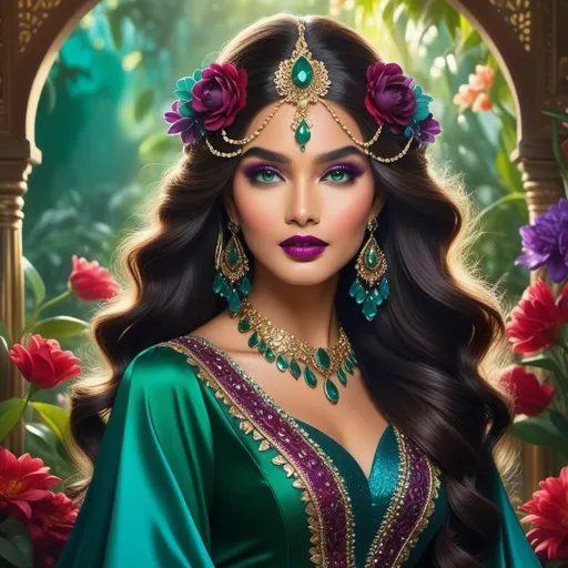 Prompt: Radiating an enchanting allure, a striking figure with flowing hair gradually blending from deep purple to vibrant teal captures attention against a backdrop of lush floral imagery. Her face, adorned with flawless makeup, features sultry green eyes and bold, ruby-red lips, reflecting confidence and mystery. Elaborate jewelry, including a sparkling headpiece and ornate earrings, enhances her regal presence, while the intricate patterns on her clothing echo the vivid colors of her environment. Bathed in soft light, the scene exudes a mystical ambiance, inviting viewers into a captivating narrative steeped in beauty and grace.