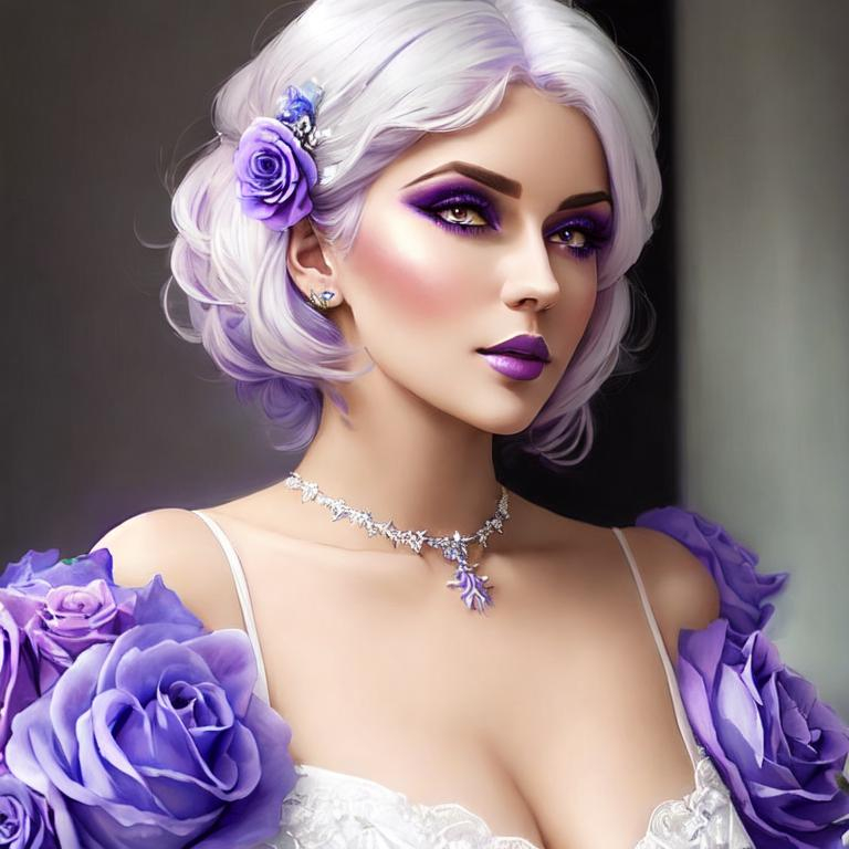 Prompt: A beautiful woman, white hair with pastel purple highlights, violet eyes, blue eyeshadow, pastel blue roses in her hair, blue jewels on forehead, cartoon style