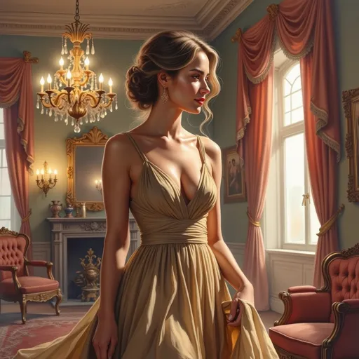 Prompt: elegant woman, adorned in a luxurious gown, standing gracefully, golden color palette, opulent room with high ceilings, grand chandeliers casting warm lighting, rich velvet curtains draping, plush furniture, intricate moldings, ambient glow enhancing the glamour, intricate details creating a sense of sophistication, lavish decor, ultra-detailed, 4K quality, dramatic atmosphere.