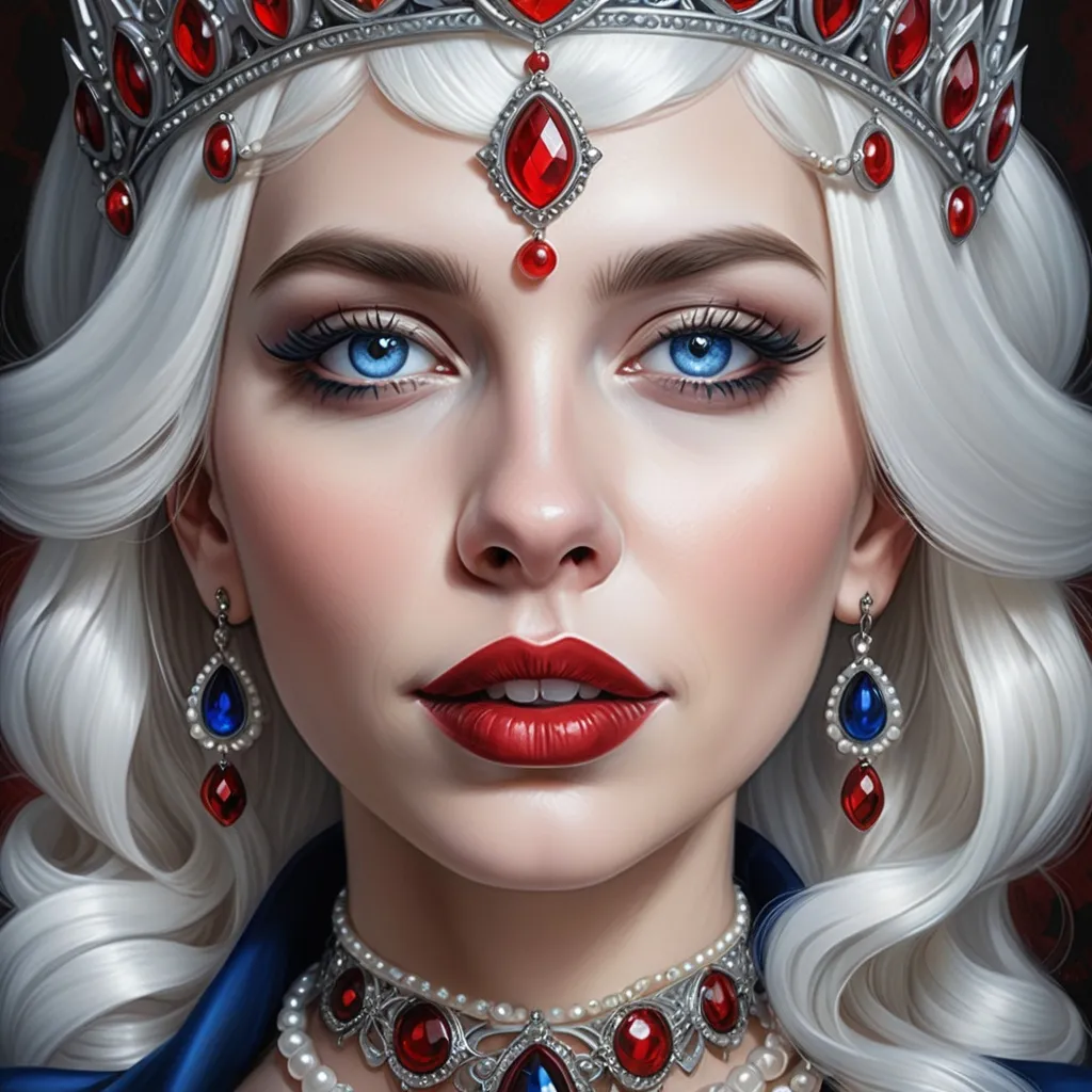 Prompt: a woman with  white hair, blue eyes, a tiara and pearls on her head and a red lip and a blue dress with a red and white collar, Anne Stokes, gothic art, highly detailed digital painting, a detailed painting