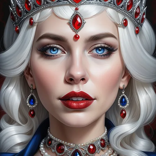 Prompt: a woman with  white hair, blue eyes, a tiara and pearls on her head and a red lip and a blue dress with a red and white collar, Anne Stokes, gothic art, highly detailed digital painting, a detailed painting