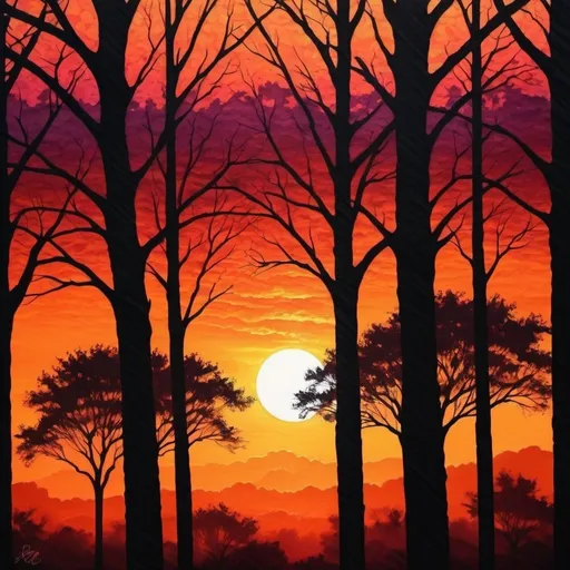 Prompt: Fiery sunset peeking between trees, vibrant colors, high quality, digital painting, detailed tree silhouettes, warm and intense glow, nature, landscape, scenic, sunset, vibrant colors, high contrast, digital art, detailed, atmospheric lighting