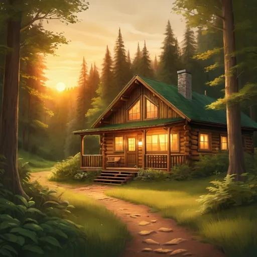 Prompt: Warm-toned digital painting of a cozy cabin in the woods, golden sunset casting a soft glow, lush green surroundings, detailed wood texture, serene atmosphere, high quality, digital painting, warm tones, cozy cabin, sunset glow, lush greenery, detailed wood texture, serene atmosphere