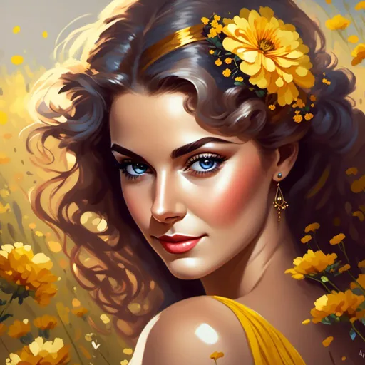 Prompt: <mymodel>High-resolution digital painting of a graceful woman, vibrant yellow flower field, realistic and detailed floral elements, soft and warm sunlight, flowing elegant dress, detailed facial features with a gentle expression, professional digital painting, realistic, detailed flowers, graceful posture, warm and soft lighting, best quality, highres, ultra-detailed, digital painting, realistic, warm tones, elegant