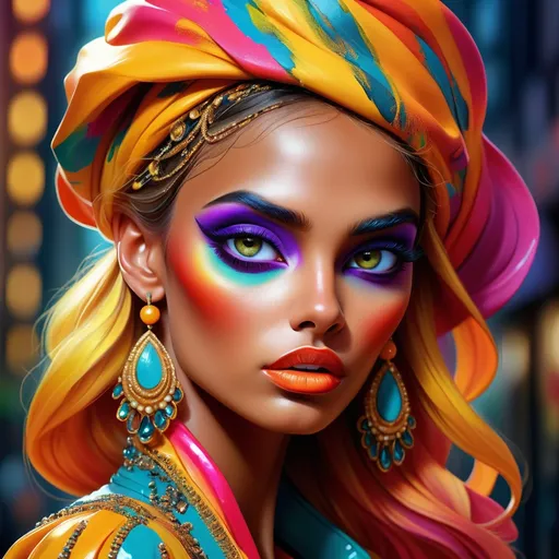 Prompt: digital painting, dramatic colourful makeup, high fashion, intense gaze, realistic portrayal, vibrant colors, detailed features, highres, professional, dramatic, realistic, digital painting, intense gaze, vibrant colors, detailed features, high fashion, glamorous lighting