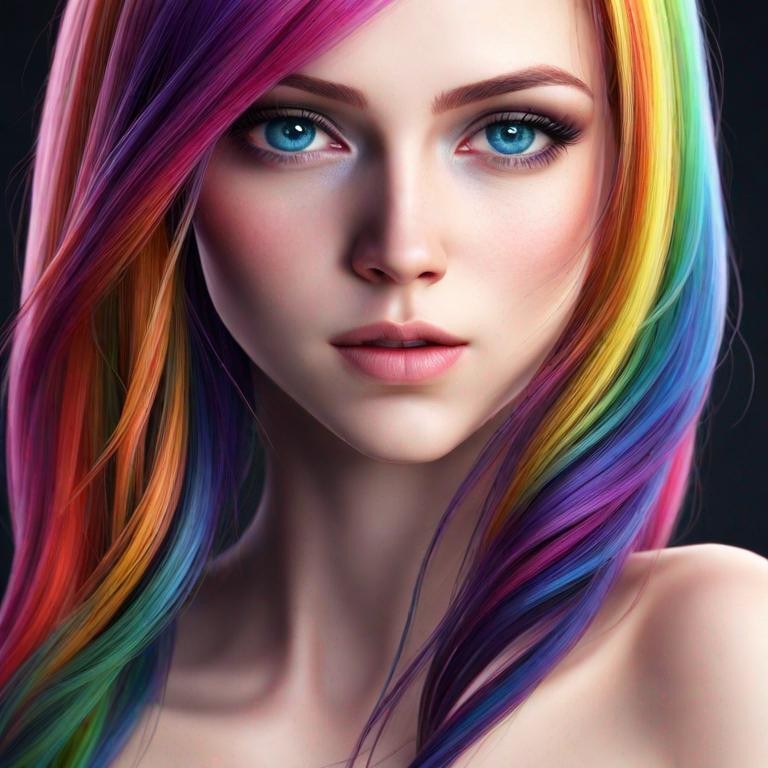 Prompt: HDR, UHD, 64k, best quality, pale skin, unrealistically, multicolored hair,  UHD, hd , 64k, , hyper realism, Very detailed, full body, hyper realism, Very detailed, female anime, slender body, in hyperrealistic detail, rainbow hair, facial closeup