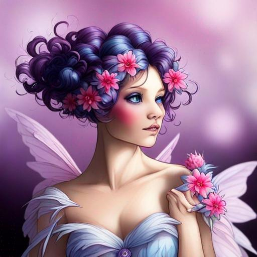 Prompt: purple, pink and blue flower fairy