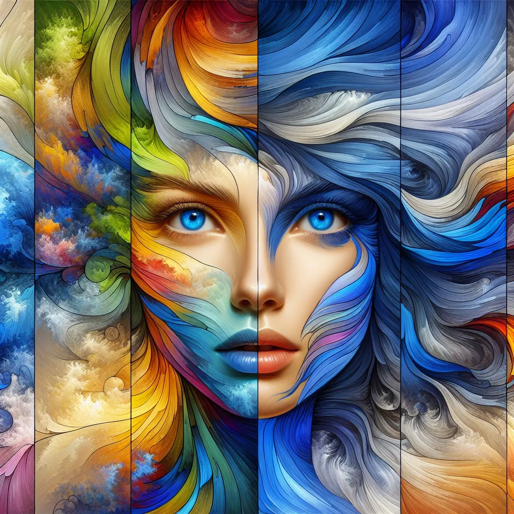 Prompt: 4 seasons, spring, summer, autumn and winter, a woman's face with blue eyes and tousled short blue hair is in the center, the 4 seasons are shown around her. 4k, artistic, impressive, beautiful, high contrast, expressive representation, high resolution, detailed, abstract, surreal, intricate details, ethereal, emotional,