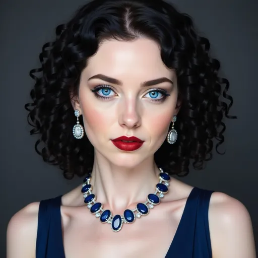 Prompt: <mymodel>Glamorously dressed lady of rhe 1930's wearing sapphire jewelry,blue eyes