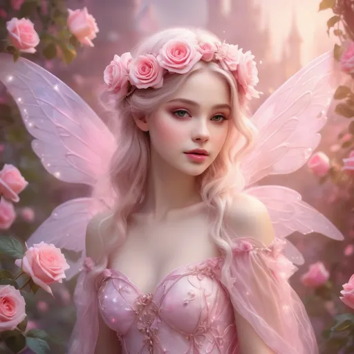 Prompt: A pink fairy princess, ethereal charm, delicate pink wings shimmering, adorned with vibrant pink roses, magical allure, enchanting garden background, soft pastel hues, whimsical ambiance, dreamlike atmosphere, high detail, ultra-detailed, enchanting lighting effects, fairytale scene, blissful serenity, captivating fantasy aesthetic.