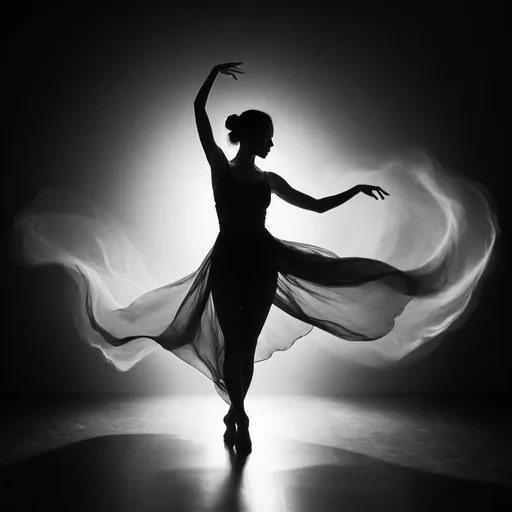 Prompt: Dramatic, mystical dance performance in the dark, silhouette of flowing movements, low-light atmosphere, high contrast, fine art, professional photography, mysterious, elegant, expressive poses, captivating shadow play, black and white, high quality, high contrast, mystical, elegant, expressive, professional photography, fine art, low-light atmosphere