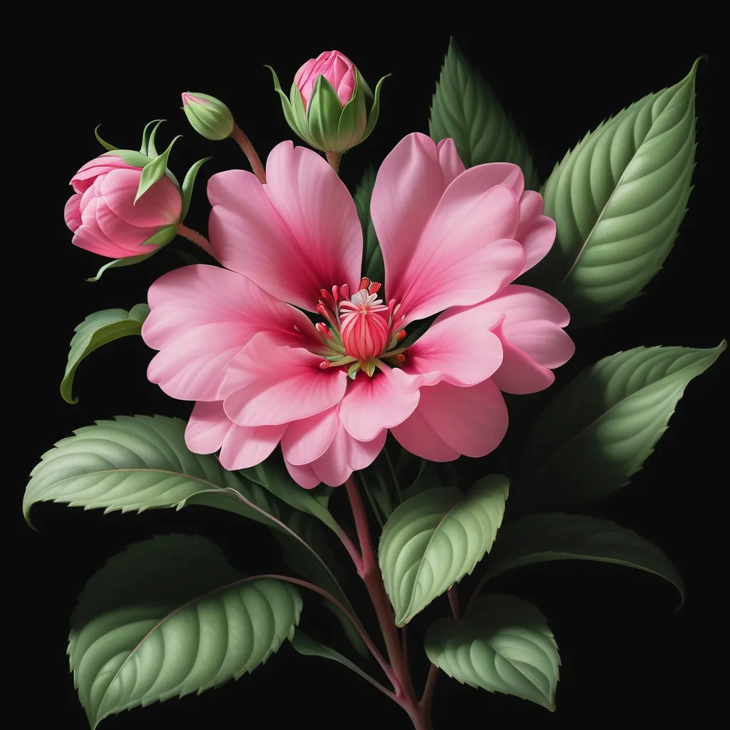 Prompt: a pink flower with green leaves in the background and a black background with a pink flower in the foreground, Boetius Adamsz Bolswert, photorealism, highly detailed digital painting, an airbrush painting