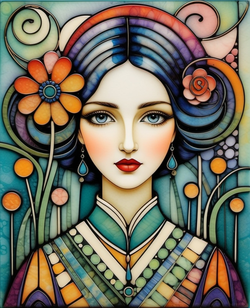 Prompt: Abstract encaustic texture, gradient inking colors, Jessica Galbreth, Irmgard Schoendorf Welch, Javier Mariscal, Charles Rennie Mackintosh, Lee Mullican style, a beautiful whimsical young woman, wonderland, decoupage.