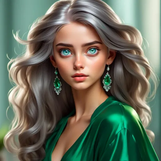 Prompt: <mymodel>Detailed illustration of a woman in vibrant green attire, large vivid green eyes, elegant makeup, digital painting, high resolution, realistic style, vibrant green, professional lighting