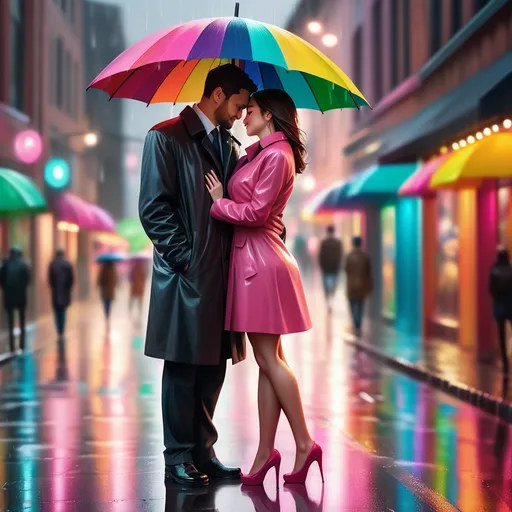 Prompt: In a vibrant urban setting, two figures share an intimate moment under a multi-colored umbrella, suggesting an affinity amidst a gentle rain. The couple, embracing closely, exudes warmth and tenderness, with the man in a dark coat and the woman in a stylish pink dress, their expressions serene and slightly playful. The blurred background features reflections on wet pavement and softly lit shop windows that enhance the romantic atmosphere. Rich colors and soft lines contribute to a whimsical, almost dreamlike quality, encapsulating a narrative of love and connection in a bustling cityscape. The scene conveys a sense of coziness and a fleeting moment of joy against the backdrop of a rainy day.