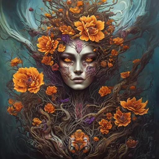 Prompt: Beautiful  hybrid woman with orange flowers sprouting from her, oil painting, detailed fiery eyes, ethereal glow, dark and mysterious, high quality, vibrant colors, surreal, haunting, intricate floral details, intense gaze, mystical atmosphere, oil painting, demon, hybrid, fiery eyes, ethereal, vibrant colors, surreal, haunting, floral details, intense gaze, mystical atmosphere