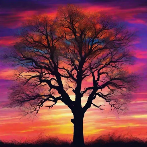 Prompt: A colorful sunset peeking between trees, vibrant colors, high quality, digital painting, detailed tree silhouettes, warm and intense glow, nature, landscape, scenic, sunset, vibrant colors, high contrast, digital art, detailed, atmospheric lighting