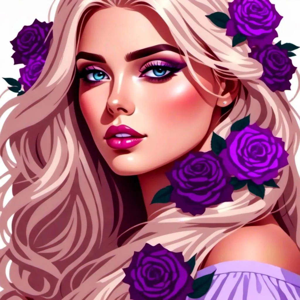 Prompt: <mymodel>Beautiful and Gorgeous woman, purple roses in hair