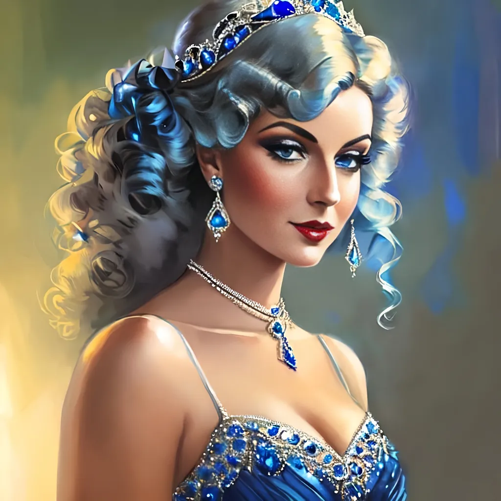 Prompt: Glamorously dressed lady of rhe 1930's wearing sapphire jewelry,blue eyes