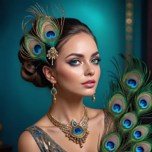 Prompt: <mymodel> Gorgeous woman with beautiful makeup and hair, peacock feathers, high-quality, detailed, realistic, elegant, vibrant colors, professional makeup, glamorous lighting, 4k resolution, portrait, detailed facial features, luxurious, exotic, peacock feathers, elegant hairstyle, stunning makeup, beauty shot