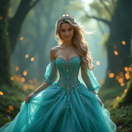 Prompt: Turquoise adorned princess, (elegant and regal) gown, shimmering (turquoise accents), intricate (gemstone embroideries), radiant tiara, gentle smile, flowing hair, (whimsical background) featuring enchanted forest, soft golden glowing lights, serene ambiance, (highly detailed) 4K resolution, (captivating color tones) harmonizing blues and greens, enchanting atmosphere, low angle perspective for grandeur.