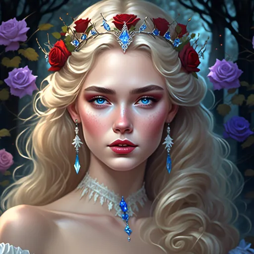 Prompt: Fairy tale, beautiful girl with white skin, (perfect face), light golden hair, blue pupils, red lips, forest style, mysterious, vintage fashion-dresses, with a transparent crystal crown on her head, the woman's body is so white Glows, (high detail) sitting on an oversized red rose, hyperdetail, ultra high definition.<mymodel>