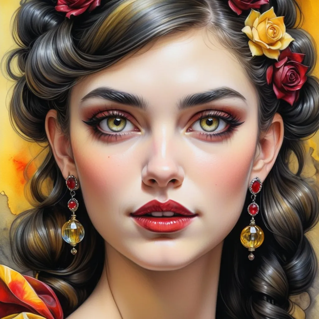 Prompt: <mymodel> beautiful woman, hair pinned up, yellow red black dress, earrings, Watercolor, trending on artstation, sharp focus, studio photo, intricate details, highly detailed, by  Josephine Wall and Jasmine Becket-Griffith