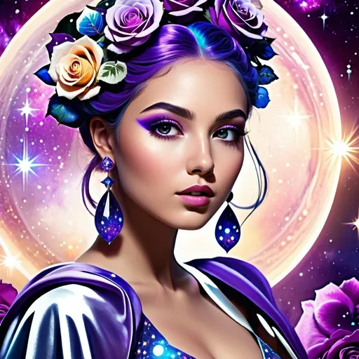 Prompt: Cosmic epic beauty with gorgeous, purple roses in hair, high-res, surreal, cosmic, vibrant colors, detailed floral hairpiece, ethereal aura, celestial backdrop, majestic beauty, galaxy-inspired, breathtaking lighting, dreamlike atmosphere, incredible attention to detail, cosmic fantasy, stunningly beautiful, best quality, surrealism, vibrant tones, celestial lighting