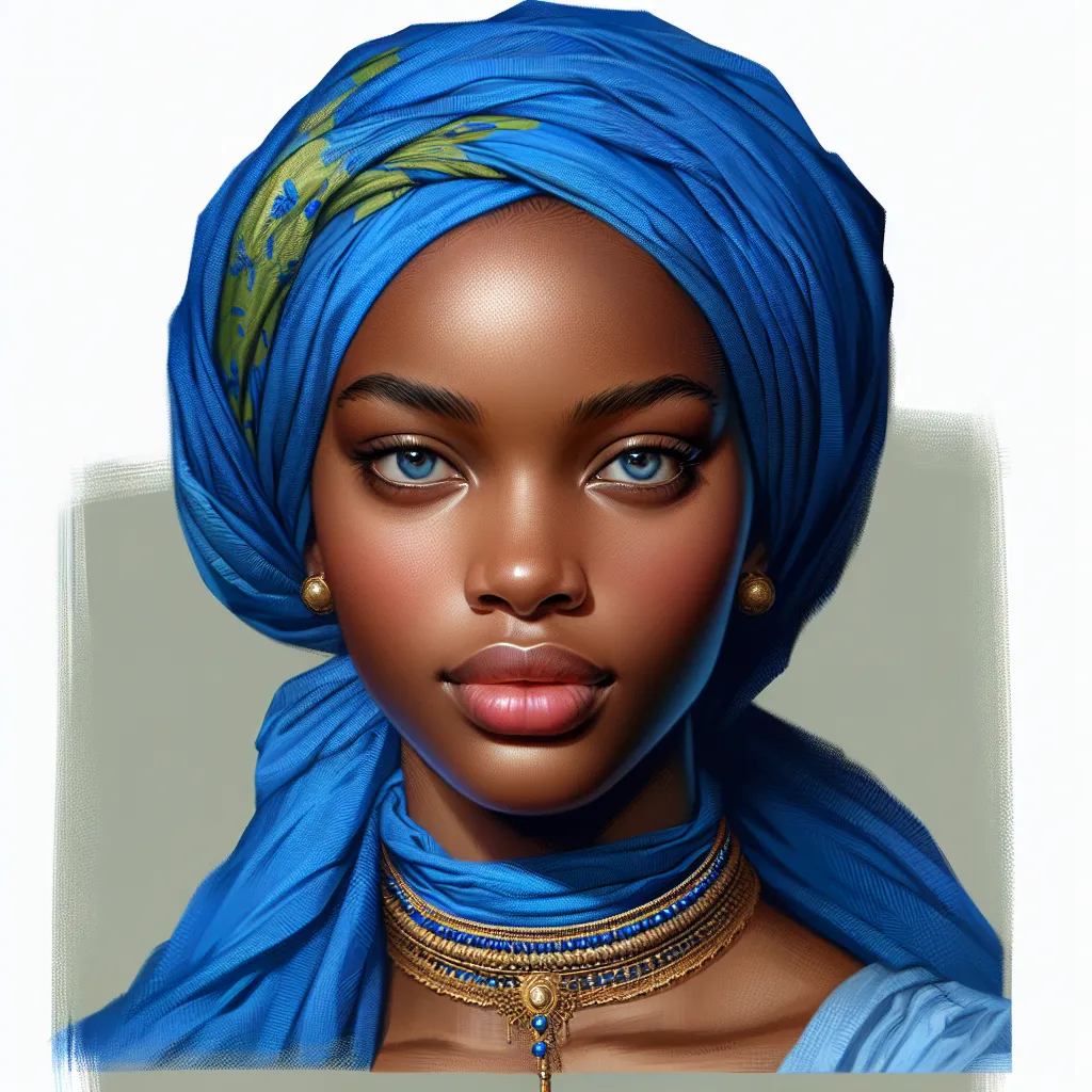 Prompt: <mymodel> a painting of a woman wearing a blue head scarf and a blue necklace with a gold chain around her neck, Chinwe Chukwuogo-Roy, photorealism, highly detailed digital painting, a photorealistic painting