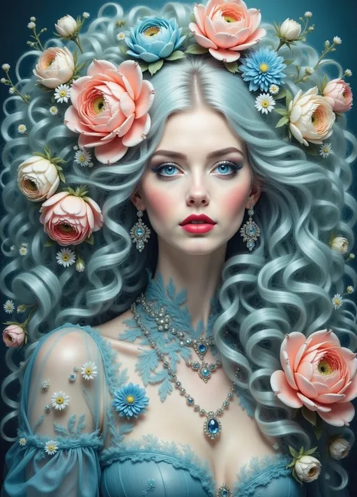 Prompt: a woman with long hair and flowers on her head, with blue hair and flowers in her hair, and a blue dress, Anna Dittmann, fantasy art, highly detailed digital painting, a digital painting