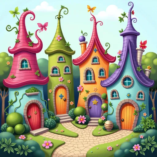 Prompt: Whimsical houses in vibrant hues of pink, green, blue, and orange line a charming cobblestone path that winds through a fantastical village, their unique, twisted rooftops adorned with playful spires and colorful details. Each building features inviting doors and windows, some framed by lush plants and flowers, evoking a sense of warmth and magic. Soft pastel skies provide a gentle backdrop, enhancing the lively colors of the structures and the verdant greenery around them. The scene feels enchanted and cheerful, inviting viewers to imagine stories of adventure and whimsy within this picturesque setting. The meticulous detailing of the architectural elements showcases a captivating artistic style that dances between reality and fantasy.