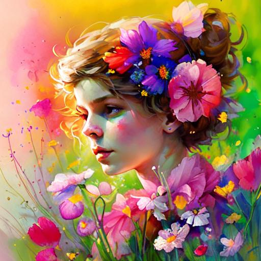 Prompt: a fairy of spring, ,wildflowers, vivid colors,  facial closeup