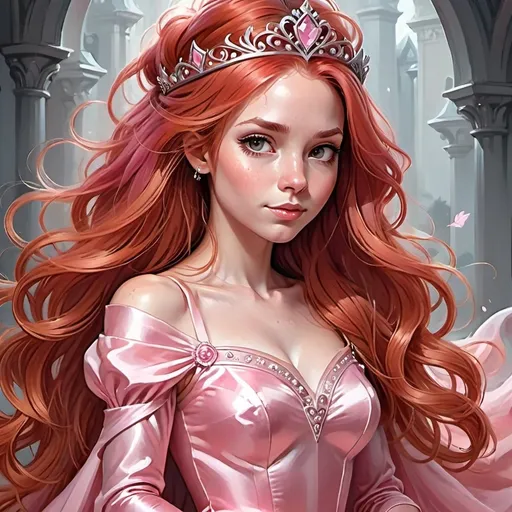 Prompt: a cartoon girl with long red hair and a pink dress with a tiara on her head and a pink dress with a pink dress on, Artgerm, fantasy art, rossdraws global illumination, an ultrafine detailed painting