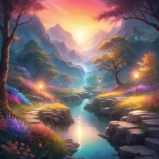 Prompt: (ethereal glow), luminous light radiating, soft illumination, vivid colors, warm ambient tones, magical atmosphere, serene background, enchanting landscapes, high detail, ultra-detailed, vibrant, dreamlike scenery, shimmering reflections, calming hues, captivating visual experience