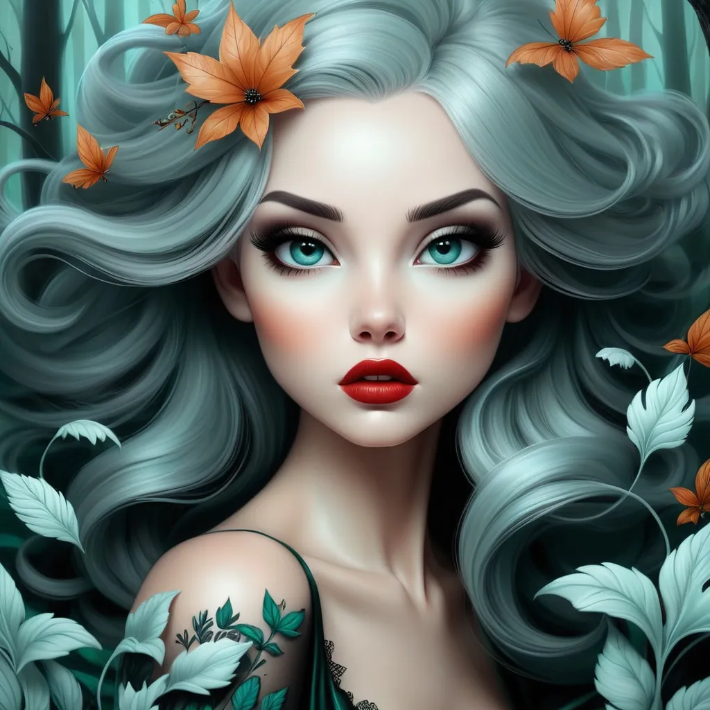 Prompt: The beautiful young lady with blowing platinum hair illustration art by Lori Earley, Daria Endresen, Tristan Eaton. Whimsical forest background, Extremely detailed, intricate, beautiful. 
