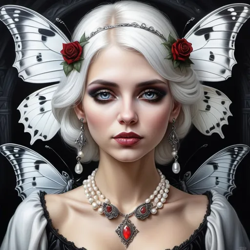 Prompt: a woman with a butterfly wings  and snow white haira adorned with pearlsand a necklace on her neck . Anne Stokes, gothic art, highly detailed digital painting, a photorealistic painting