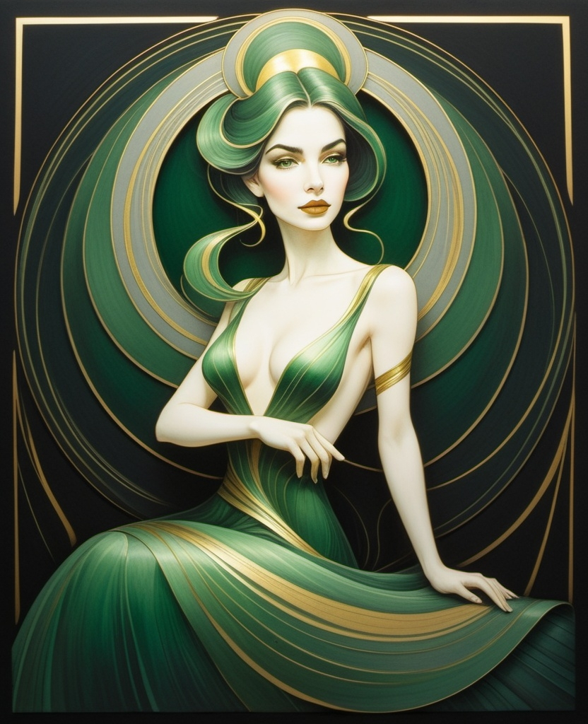 Prompt: beautiful expressive young lady, green, gold biolumescent in the style of Naum Gabo, Milton H. Green, Liniers, Gris grimly 