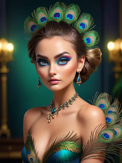 Prompt: <mymodel> Gorgeous woman with beautiful makeup and hair, peacock feathers, high-quality, detailed, realistic, elegant, vibrant colors, professional makeup, glamorous lighting, 4k resolution, portrait, detailed facial features, luxurious, exotic, peacock feathers, elegant hairstyle, stunning makeup, beauty shot