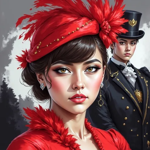 Prompt: <mymodel>fashionable 1st class  female passenger on the Titanic, pale skin, dark styled hair, large lips,  looking sad, facial closeup, vibrant colors, red dress and elaborate hat with feathers