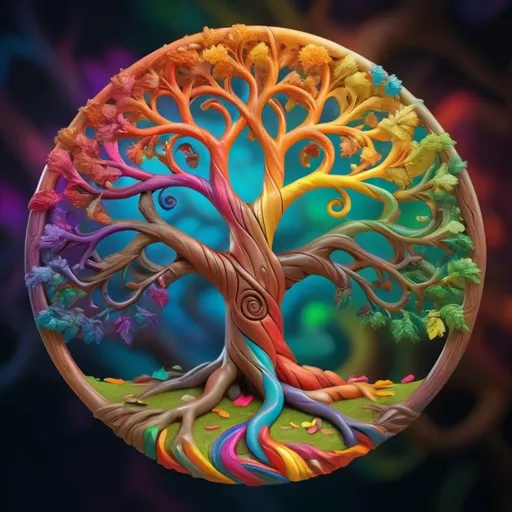 Prompt: colorful gnarled tree of life, spiral colors in the background, rainbow leaves, hyper-detailed, photorealistic 8k max