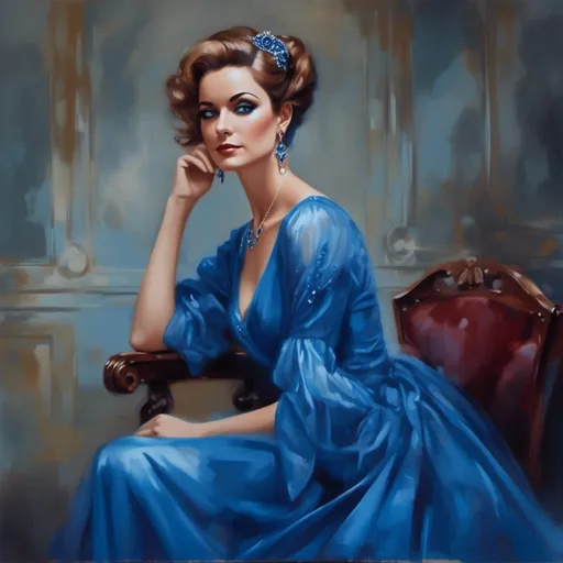 Prompt: <mymodel> Lady in blue, oil painting, flowing blue gown, serene expression, elegant posture, detailed hair and accessories, high quality, realistic, cool tones, soft lighting